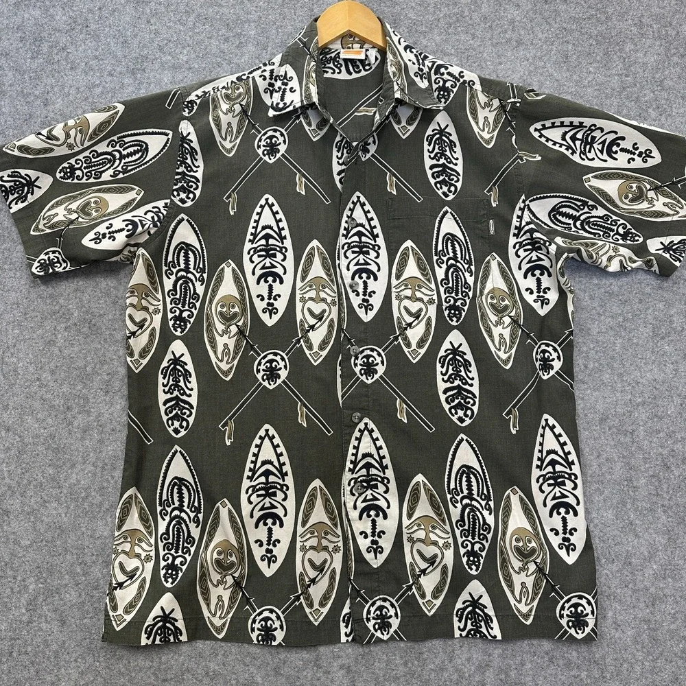 Vintage Sideout Hawaiian Shirt Mens L Green Tribal Tiki 90s Surf Skate - Picture 2 of 8